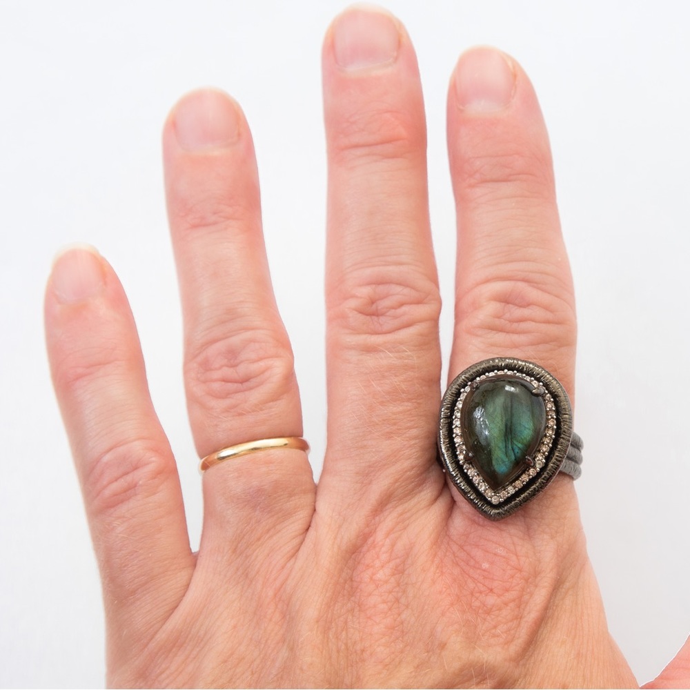 Labradorite & white zircon gemstone cocktail ring Rarities Carol Brodie 10